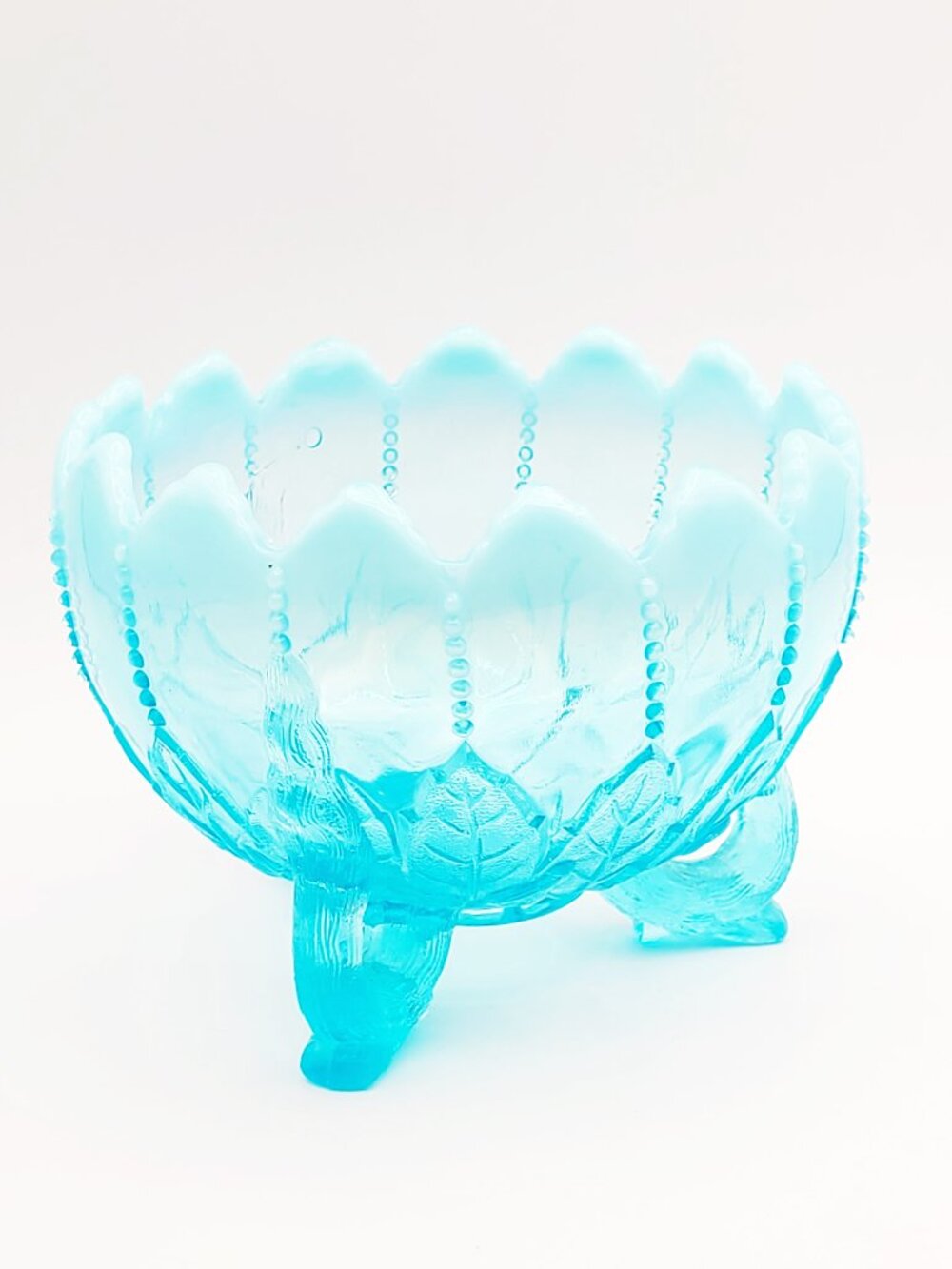 Northwood Glass Blue Opalescent Leaf and Beads Three Footed Rose Bowl
